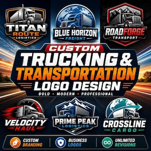 Könnte beinhalten: Eine Sammlung von sechs LKW- und Transport-Logodesigns mit Sattelschleppern, Globen und Bergmotiven. Der zentrale Text lautet CUSTOM TRUCKING & TRANSPORTATION LOGO DESIGN, BOLD, MODERN, PROFESSIONAL, ergänzt durch zusätzliche Branding-Symbole.
