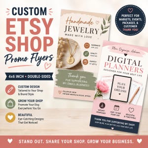 May include: Two 4x6 inch double-sided promotional flyers for Etsy shops. One flyer features handmade jewelry with a gold necklace, while the other displays digital planners with a tablet, pen, and pink flower. Both include text and icons.