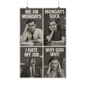 Funny Vintage Office Poster Print, I Hate Mondays Wall Art, Retro Work Humor, Monday Blues Decor, Gift for Colleagues or Cubicle