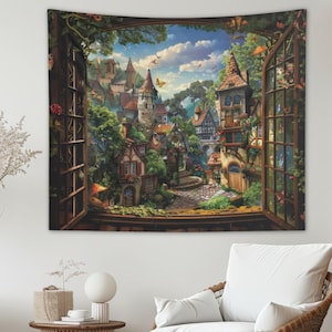 WonderScape ファンタジー ウォールアート タペストリー - 魅惑の妖精の町 壁掛け - 部屋のアート装飾 - 特大リビングルーム壁装飾