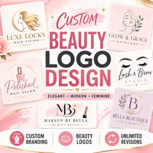 May include: A collection of custom beauty logo designs featuring text such as Luxe Locks, Glow & Grace, Polished, Lash & Brow, and Makeup By Bella. The graphic display includes various icons like hair, faces, nails, and lipstick on a pink background.