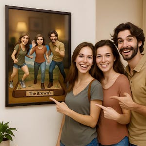 May include: A framed illustration of a family of four, with the text "The Brown's" below the image. Two women and two men are depicted in a cartoon style, walking in a landscape setting. The illustration is in a black frame.