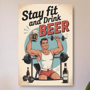 Vintage Beer Fitness Metal Art Sign, Retro Brewery Wall Decor, Rustic Tavern Plaque, Mancave Bar Hanging, Unique Pub Advertising Artwork