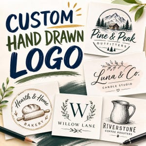 May include: A collection of five custom hand-drawn logo designs on white cards. The logos feature illustrations of mountains, a cabin, pine trees, floral sprigs, a loaf of bread with a rolling pin, a letter W, and a pitcher, with text including Pine & Peak, Luna & Co., Hearth & Home, Willow Lane, and Riverstone.