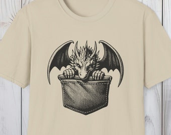 T-shirt ras du cou ludique avec poche dragon : charme des dragons vintage - Joli t-shirt coucou pour les amateurs, 8 couleurs à la mode