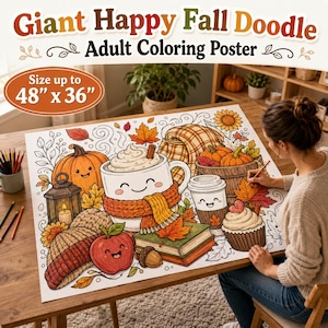 May include: A large coloring poster featuring a fall-themed doodle with a smiling pumpkin, a mug of hot cocoa with a scarf, a lantern, a knit hat, an apple, a stack of books, and a cupcake. The poster text clearly states a size of 48 inches by 36 inches.