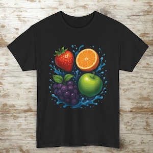 Fruit Splash T-Shirt - Colorful Summer Graphic Tee | Strawberry, Orange, Grapes & Apple Design | Fun Tropical Foodie Gift
