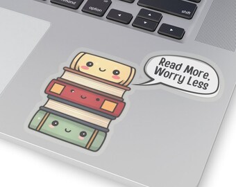 May include: A stack of four colorful books with cute faces on each book. The top book has a speech bubble that says "Read More, Worry Less".