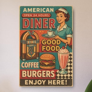 Retro Diner Metal Sign Vintage Kitchen Wall Art, Rustic Home Decor for Food Lovers, Classic Americana Gift for Restaurant or Cafe