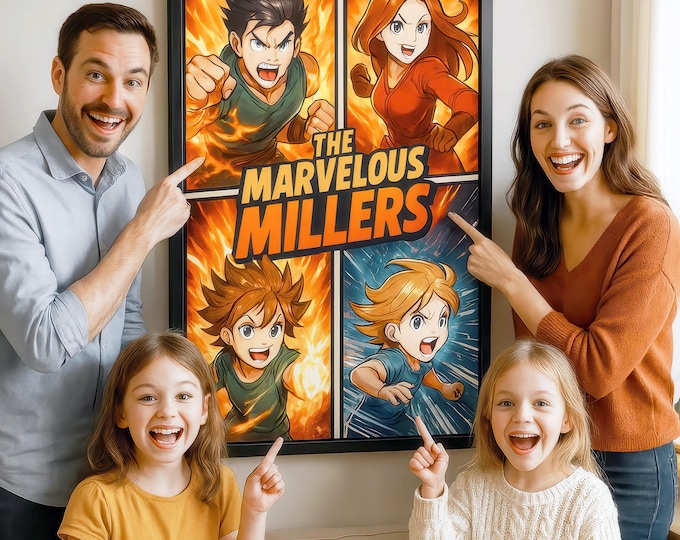 Portrait de famille personnalisé de super-héros anime - oeuvre d'art anime style Shonen - idée cadeau famille - fichier numérique