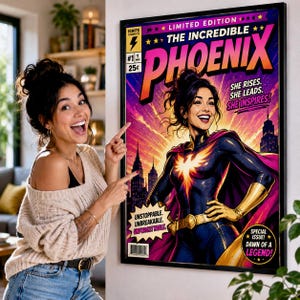 Puede incluir: Un póster de cómic enmarcado titulado The Incredible Phoenix, que muestra a una superheroína con un traje azul oscuro y un emblema de fénix dorado frente a una ciudad. El texto dice Limited Edition, She Rises, She Leads, She Inspires, Unstoppable, Unbreakable, Unforgettable.