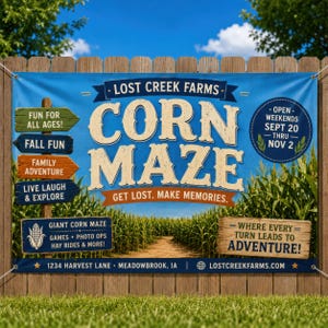 Puede incluir: Una pancarta rectangular azul para el laberinto de maíz de Lost Creek Farms con texto blanco, un gráfico de campo de maíz y letreros de madera. El texto incluye "Fun for all ages", "Fall fun", "Family adventure" y "Get lost. Make memories."
