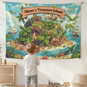 Tapiz personalizado de la Isla del Tesoro "PlayRealm" - Bandera de pared con nombre de niño personalizada - Decoración de habitación infantil - Bandera de pared con nombre personalizada - 4 tamaños