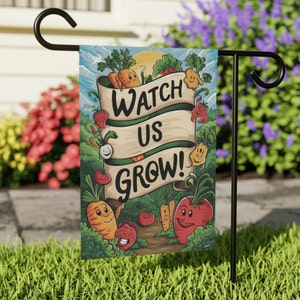 Happy Vegetables Outdoor Flag - Whimsical &quot;Watch Us Grow&quot; Garden Sign - Double Sided Print, Weather-Resistant Backyard Garden Art Decor