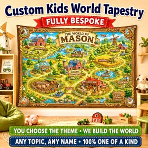 May include: A custom kids world tapestry featuring a colorful farm map illustration with the text THE WORLD OF MASON. The design includes barns, animals, and fields within a wooden frame border, with text banners reading CUSTOM KIDS WORLD TAPESTRY, FULLY BESPOKE, YOU CHOOSE THE THEME, WE BUILD THE WORLD, ANY TOPIC, ANY NAME, 100% ONE OF A KIND.
