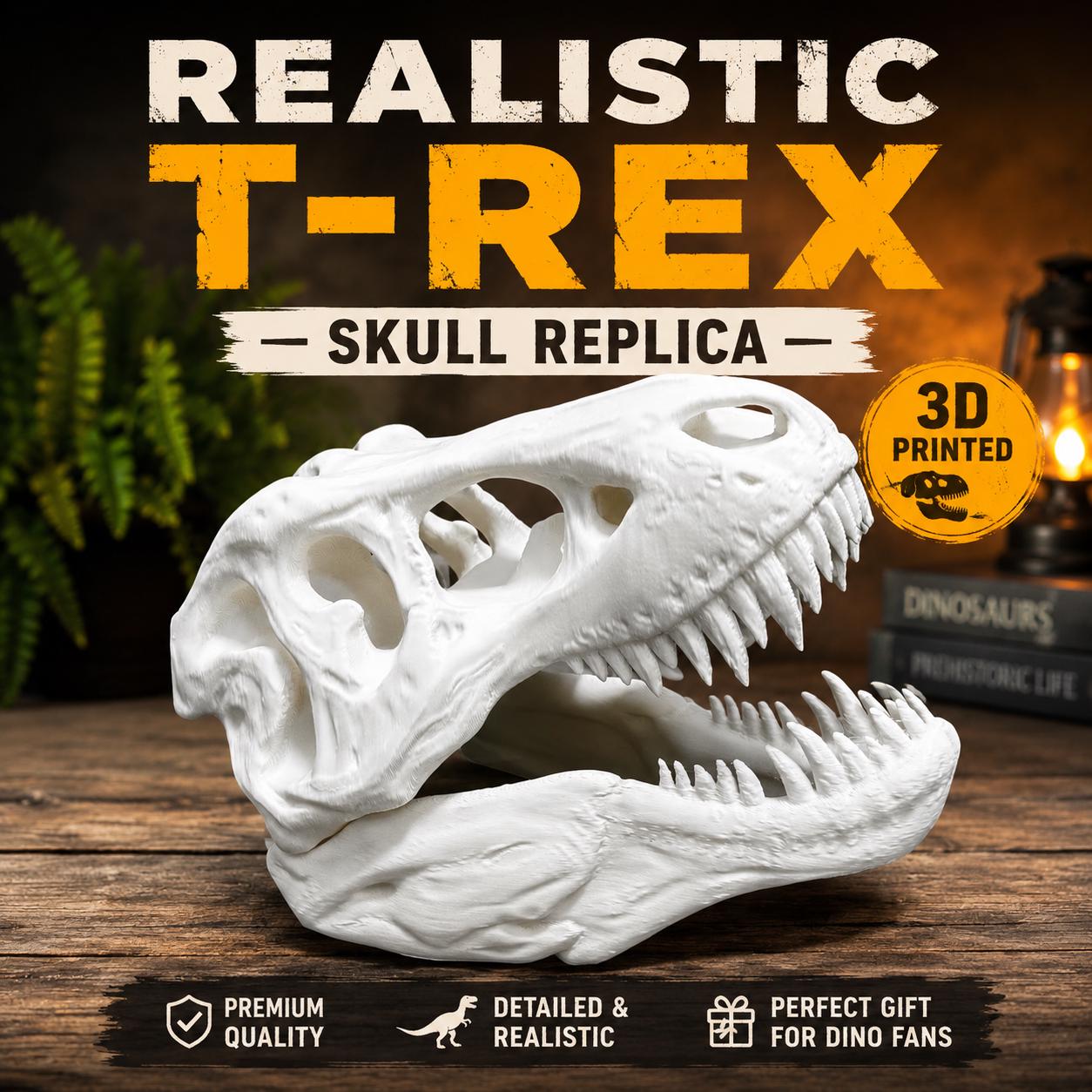 リアルなT-Rexの頭蓋骨レプリカ - 3Dプリントされた先史時代の本棚の