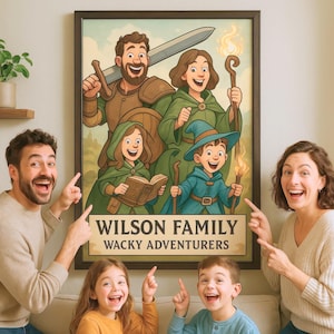 Aangepaste grappige familie-RPG-groepsportretten – transformeer je familiefoto in epische avonturiers - episch digitaal downloadcadeau voor gamers