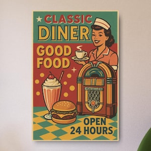 Vintage Diner Sign Metal Wall Art for Retro Kitchen or Restaurant Decor, Rustic Americana Gift for Food Lovers and Classic Style Fans