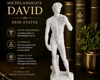 May include: A white 3D printed desk statue of Michelangelo's David. The text on the left reads: MICHELANGELO'S DAVID DESK STATUE, ICONIC MASTERPIECE, 3D PRINTED, PERFECT GIFT, and CLASSICAL ART, MODERN CRAFTSMANSHIP. The statue stands on a base.