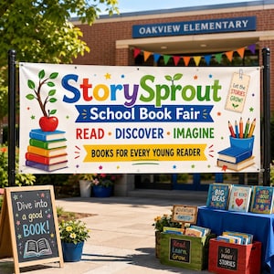 May include: A large horizontal banner for a StorySprout School Book Fair featuring a stack of colorful books, a red apple, and pencils. The text reads: StorySprout School Book Fair, READ DISCOVER IMAGINE, BOOKS FOR EVERY YOUNG READER, and Let the STORIES GROW!