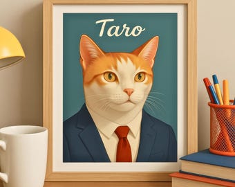 Puede incluir: Una impresión enmarcada de un gato con un traje azul y una corbata roja. El gato tiene pelo naranja y blanco y el nombre "Taro" está escrito encima del gato.