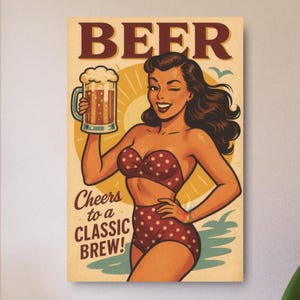 Retro Pin-Up Girl Beer Metal Sign, Vintage Bar Plaque, Rustic Pub Decor, Mancave Wall Hanging, Brewery Artwork, Tavern Gift Idea