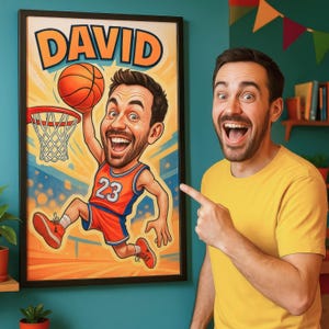 Ritratto di caricatura di un giocatore di basket divertente e personalizzato da foto - Regalo artistico in stile disegnato a mano per giocatori di basket e appassionati di sport - Download digitale