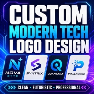 May include: A digital graphic displaying the text CUSTOM MODERN TECH LOGO DESIGN in bold white letters. Below are four distinct logo examples labeled NOVA BYTE, SYNTRIX, QUANTARA, and PIXELFORGE. The bottom banner features the text CLEAN • FUTURISTIC • PROFESSIONAL.