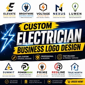 May include: A graphic display showcasing custom electrician business logo designs. The image features ten distinct logos with lightning bolt motifs, electrical plugs, and house icons, alongside the text CUSTOM ELECTRICIAN BUSINESS LOGO DESIGN.