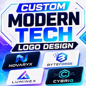 May include: A graphic display featuring the text CUSTOM MODERN TECH LOGO DESIGN with four distinct logos below. The logos include NOVARYX with a blue N, BYTEFORGE with a blue 3, LUMINEX with a purple and blue triangle, and CYBRIQ with a blue hexagon.
