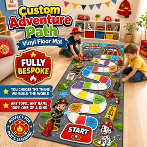 May include: A rectangular vinyl floor mat featuring a colorful firefighting-themed board game path. The mat includes a start area, a winding track with various activity prompts, and a finish line. Graphics include a Dalmatian, a firefighter, and fire safety equipment.