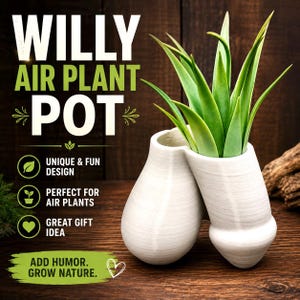 May include: A white, phallic-shaped ceramic air plant pot containing a green succulent. The text on the image reads: WILLY AIR PLANT POT, UNIQUE & FUN DESIGN, PERFECT FOR AIR PLANTS, GREAT GIFT IDEA, ADD HUMOR. GROW NATURE. The pot has a smooth finish.