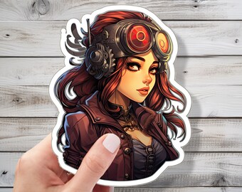 May include: A digital illustration of a woman with red hair wearing a steampunk-style outfit with goggles and a leather jacket.