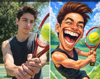 Caricatura de tenis personalizada y divertida a partir de tu foto - Regalo deportivo personalizado para tenistas, aficionados y entrenadores - Descarga digital