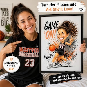 May include: A framed custom caricature print featuring a cartoon basketball player with the text "GAME ON!" and "Maddie" in black and orange. The illustration shows a player in a black jersey with the number 23 holding a basketball.