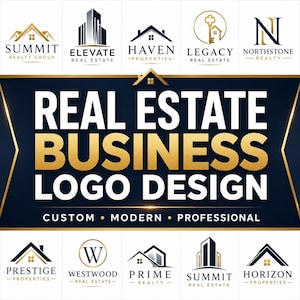 May include: A collection of ten real estate business logos featuring house, building, and key icons in gold and navy blue. The central text reads REAL ESTATE BUSINESS LOGO DESIGN, CUSTOM, MODERN, PROFESSIONAL, with brand names like Summit, Elevate, and Haven.