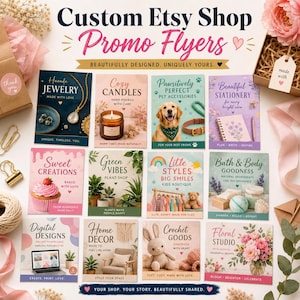 May include: A collection of twelve rectangular promotional flyers for Etsy shops, featuring diverse themes like jewelry, candles, pet accessories, stationery, baked goods, plants, kids' clothing, bath products, digital designs, home decor, crochet, and flowers.