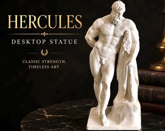 May include: A white Hercules desktop statue depicting a muscular figure with a beard, standing and leaning against a draped cloth. The text HERCULES DESKTOP STATUE CLASSIC STRENGTH. TIMELESS ART. is displayed in gold lettering on the left side of the image.