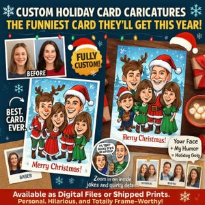 Custom Holiday Card Caricature from Your Photo - Personalized Christmas Cartoon Portrait - Digital Image Download
