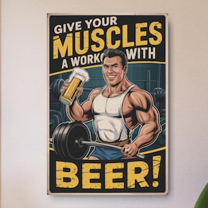 Retro Beer-Themed Workout Metal Sign, Vintage Brewery Plaque, Mancave Wall Hanging, Rustic Pub Decor, Bar Tavern Artwork, Unique Gift