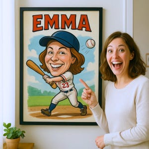 Personalized Baseball Caricature from Photo, Funny Hand-Drawn Style Art Gift for Baseball Fans and Athletes - Digital File Download