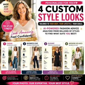 Pode incluir: Um anúncio digital para um serviço de moda personalizado com o texto 4 CUSTOM STYLE LOOKS. O gráfico exibe quatro categorias: Casual, Business Chic, Elegant e Weekend Relaxed, cada uma com fotos de uma pessoa em diferentes trajes.
