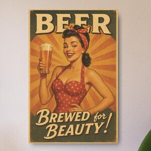 Retro Beer Pin-Up Metal Wall Art, Vintage Bar Decor, Rustic Brewery Plaque for Mancave, Pub Tavern Hanging Sign, Unique Bar Gift