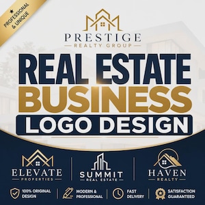May include: A graphic design advertisement for real estate business logos featuring the text Prestige Realty Group, Elevate Properties, Summit Real Estate, and Haven Realty in gold and navy blue colors with various house and building icons.