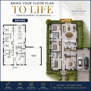 May include: A side-by-side comparison of a black and white 2D floor plan labeled BEFORE and a colorized 3D floor plan labeled AFTER. The image includes the text BRING YOUR FLOOR PLAN TO LIFE FROM BLUEPRINT TO BEAUTIFUL and HORIZON REAL ESTATE.