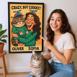 Gepersonaliseerde karikatuurportret huisdier en eigenaar van foto - grappig tekenfilmcadeau voor dierenliefhebbers en huisdierbezitters - digitale afbeelding downloaden
