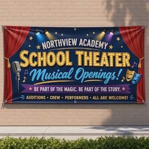May include: A rectangular banner with a dark blue background, red curtains on the sides, and gold text reading NORTHVIEW ACADEMY SCHOOL THEATER Musical Openings! BE PART OF THE MAGIC. BE PART OF THE STORY. AUDITIONS CREW PERFORMERS ALL ARE WELCOME.