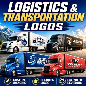 Może przedstawiać: Cztery ciągniki siodłowe w kolorach białym, czarnym, niebieskim i czerwonym z logotypami Summit Freight, Roadcore Logistics, Blue Route Transport i Velocity Haul. Tekst głosi LOGISTICS & TRANSPORTATION LOGOS, CUSTOM BRANDING, BUSINESS LOGOS, UNLIMITED REVISIONS.