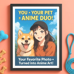 Personalized Anime Pet & Owner Portrait – Custom Art from Photo, Cute Gift for Dog or Cat Lovers, Friends, or Couples - Digital Download