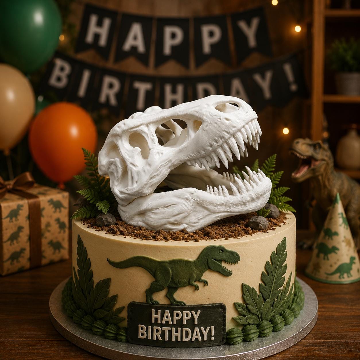 リアルなT-Rexの頭蓋骨レプリカ - 3Dプリントされた先史時代の本棚の